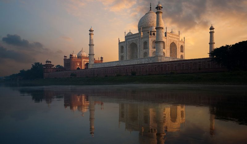 The Taj Mahal at sunset.